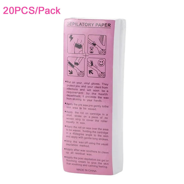 Bande de cire épilatoire non tissé rose en rouleau, emballage imprimé avec instructions; 20 pièces par pack.