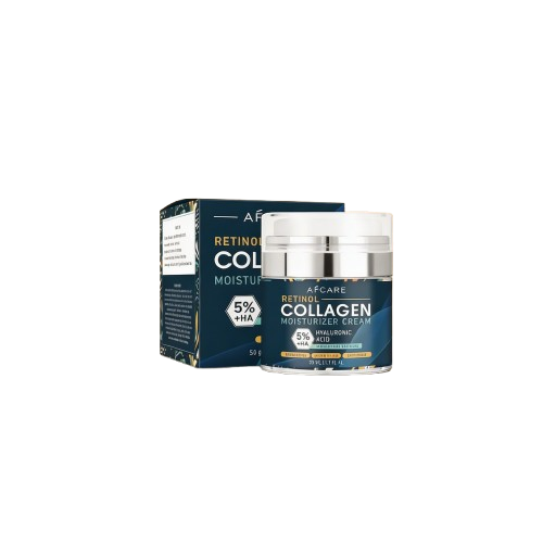 Soin anti-âge intensif nuit, pot crème collagen et son emballage bleu posé sur une surface beige, éclairage doux.