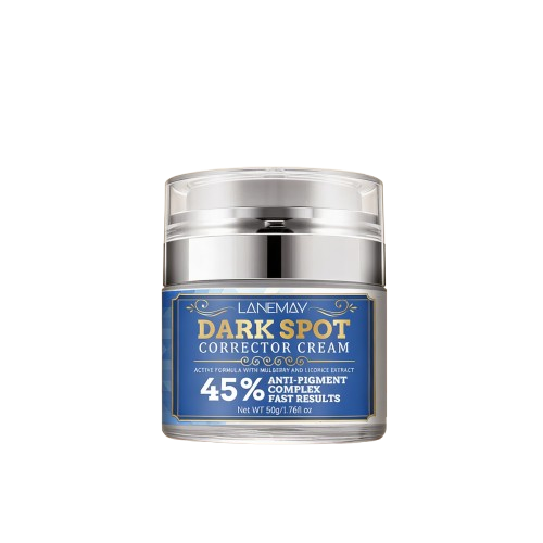 Crème correctrice Dark Spot de Lanemay en pot bleu, mise en valeur sur surface beige, étiquette indiquant 45% anti-pigment et résultats rapides. Atténuez visiblement vos taches brunes et retrouvez un teint uniforme en quelques semaines.