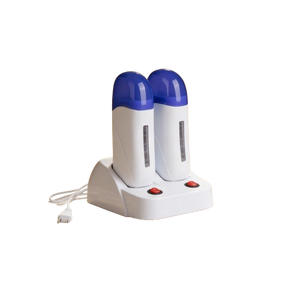 Chauffe-cire épilation avec sa base à double siège, deux unités bleues et blancs sur socle avec interrupteurs rouges.