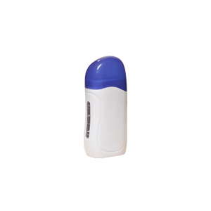 Chauffe-cire pour rouleau à épiler, petit appareil blanc avec capot bleu, affichant un indicateur thermique sur le côté.