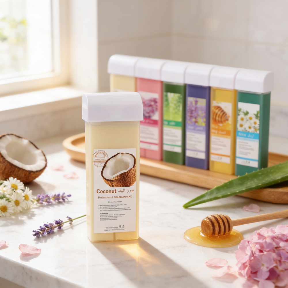 Flacon de cire à rouler indolore pour l'épilation à côté d'une ligne de boîtes colorées, avec miel, fleurs et noix de coco en décor.