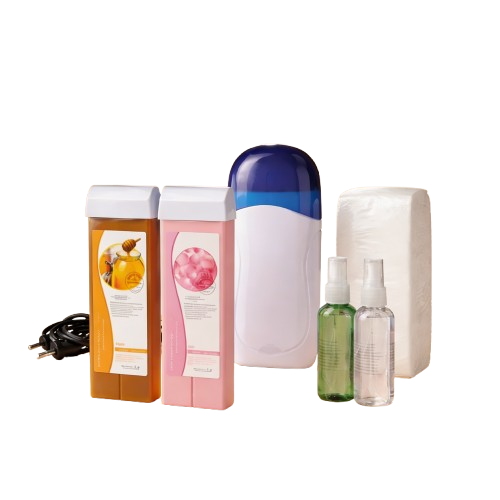 Kit épilation 6 en 1 professionnel sur une table: flacons orange et rose, appareil dépilatoire blanc et bleu, sprays, rouleau de papier et corde électrique visibles.