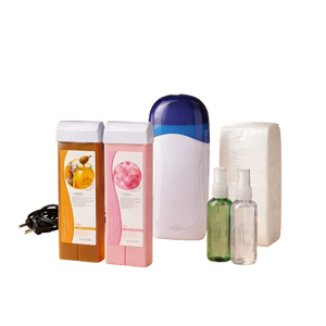 Kit épilation 6 en 1 professionnel avec deux flacons orange et rose, appareil masking cap, packet coton et sprays pour une peau douce et nette sans rendez-vous.