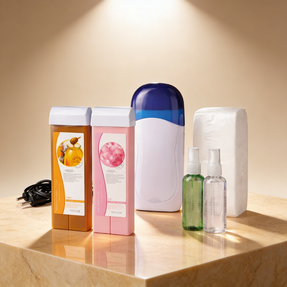 Kit épilation 6 en 1 professionnel sur une table: flacons orange et rose, appareil dépilatoire blanc et bleu, sprays, rouleau de papier et corde électrique visibles.